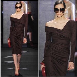 DVF Off the shoulder Black Jersey 3/4 Sleeve Midi Cocktail Party Dress Medium